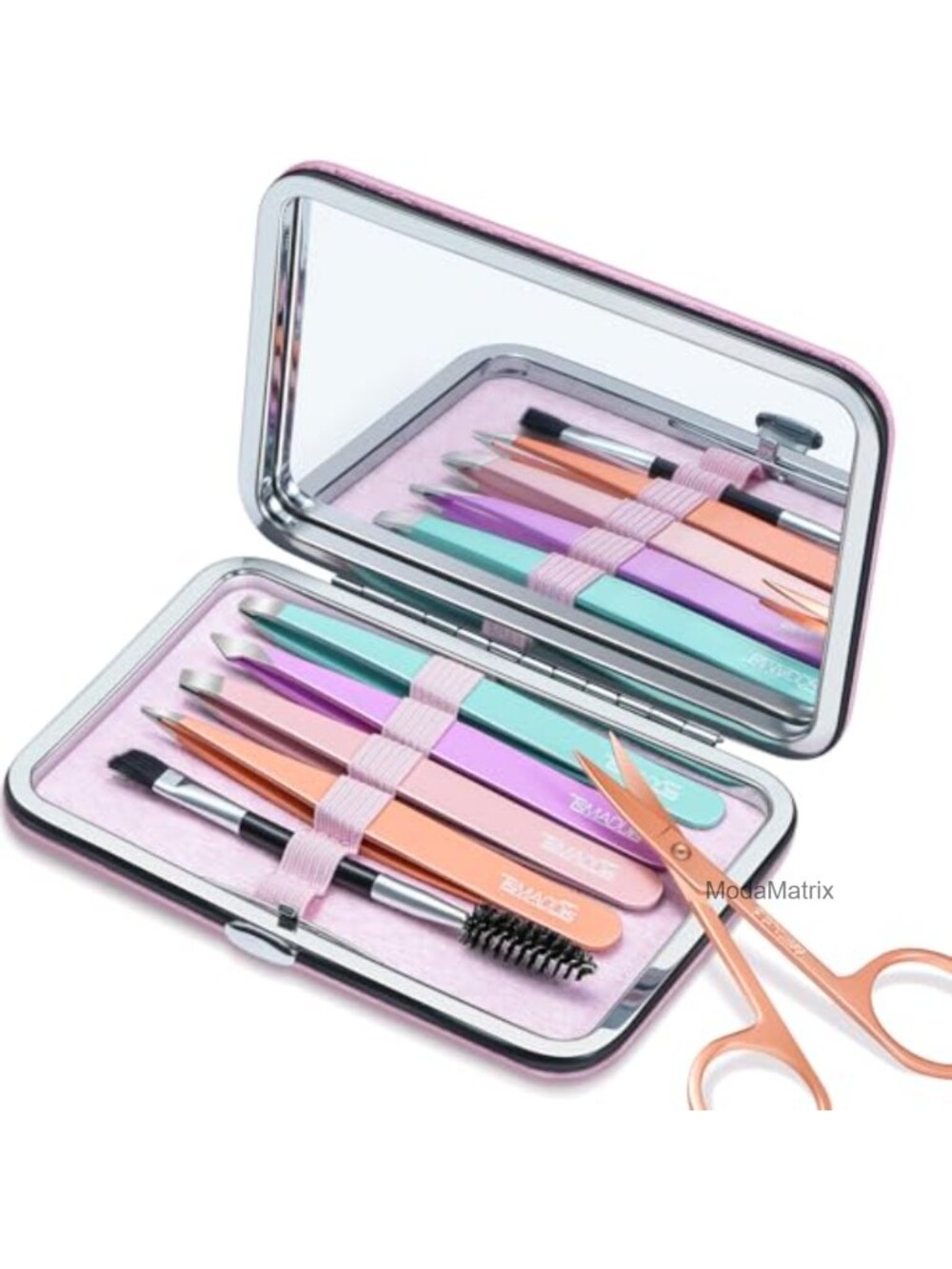 Precision Stainless Steel Eyebrow Tweezers Set with Mirror, Scissors & Brush
